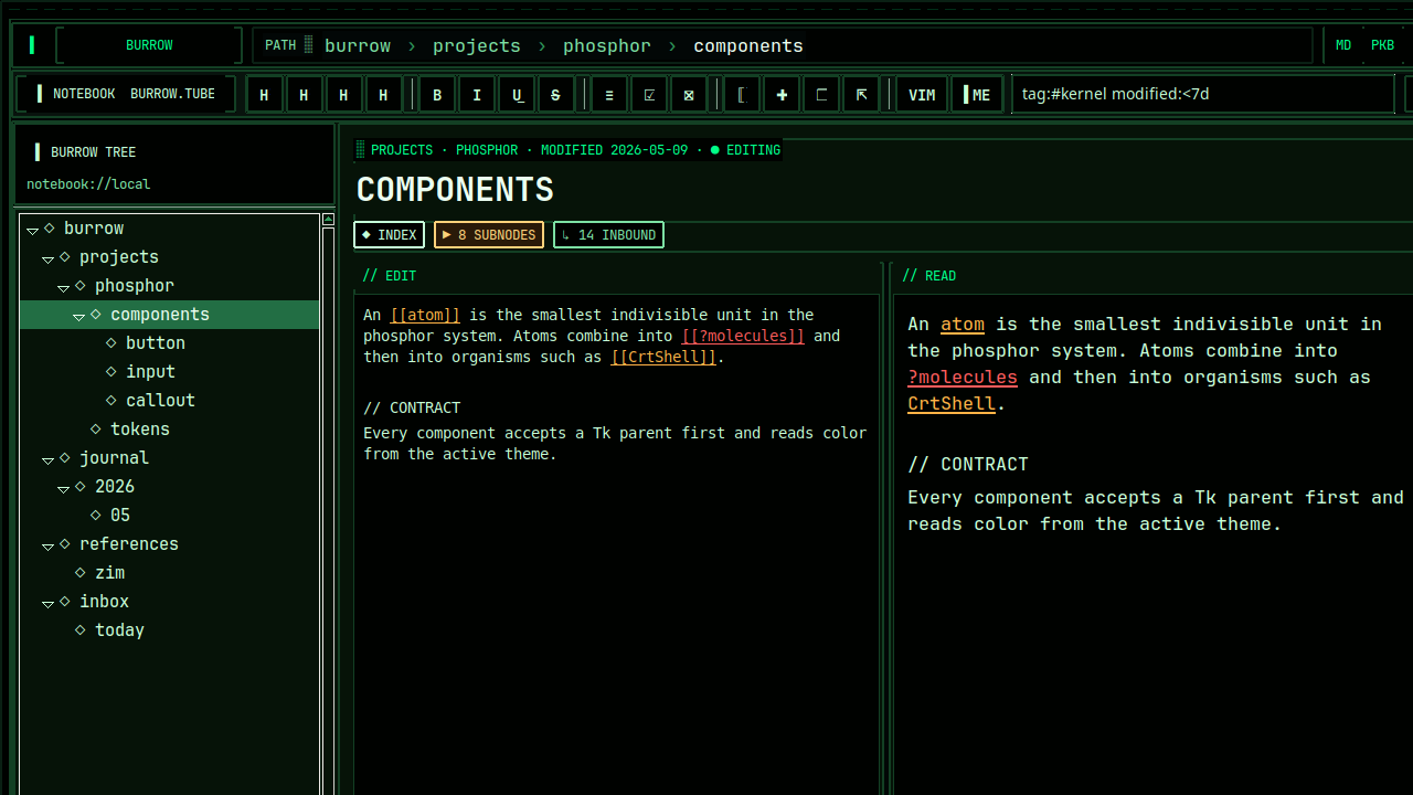 burrow with the demo notebook open: the page tree on the left, the editor and the rendered page side by side