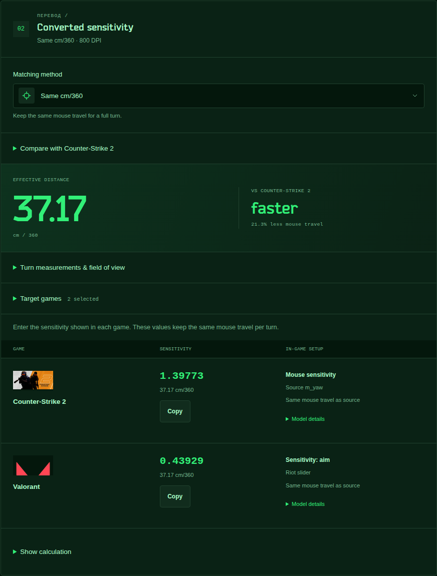 Sensitivity results and cross-game comparison for 800 DPI and 0.246 Tarkov sensitivity