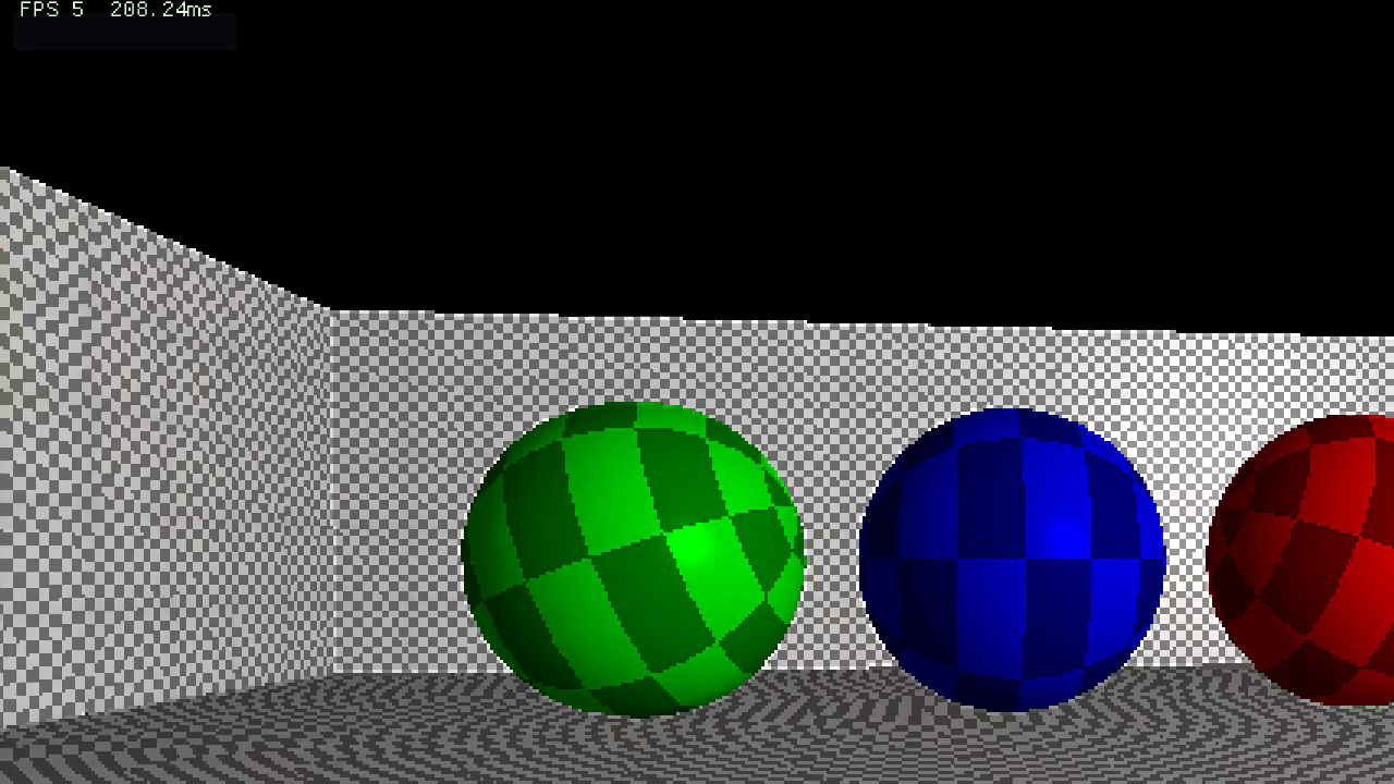 The testing scene: checker-textured walls and three physics spheres