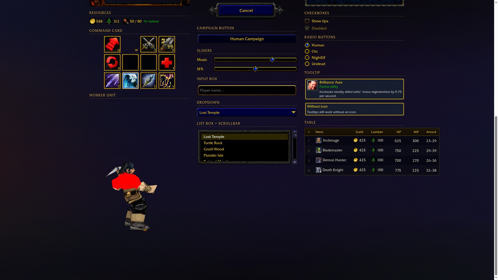 Further down the demo: command card, sliders, list box, tooltips, a table and an animated worker model