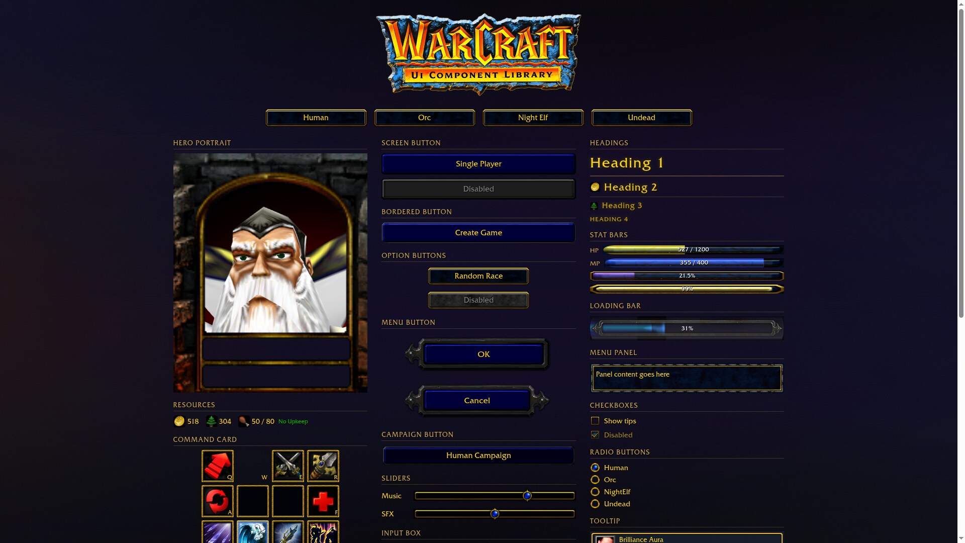 The demo site: race switcher, hero portrait, menu buttons, stat bars and headings