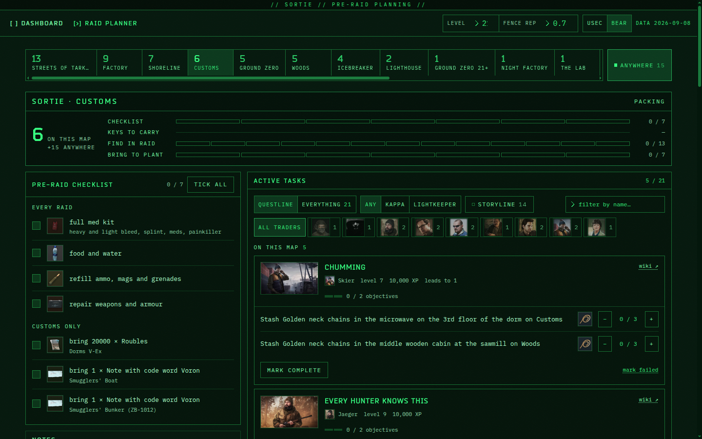 The raid planner on Customs